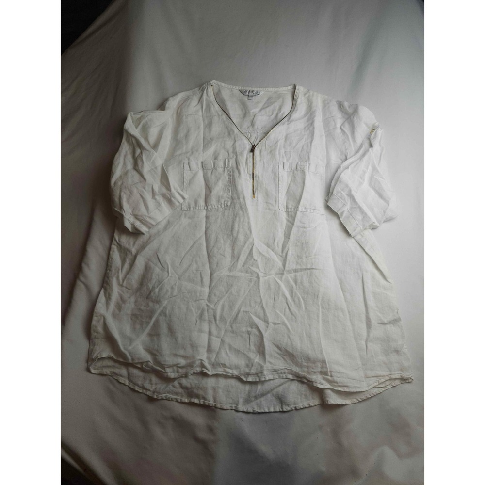 Company Ellen Tracy White‎ 100% Linen Zip Neck Roll Tab Tunic Womens Top XXL
